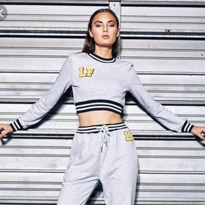 NWT LF the Brand Gray Yellow Varsity Patch Letter LF Cropped Sweatshirt Small